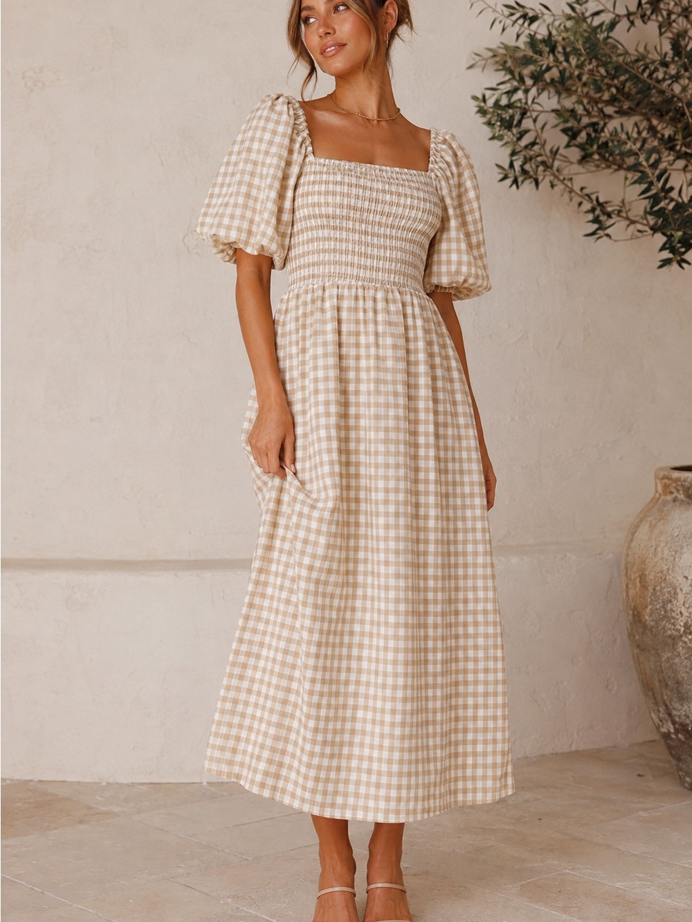 Petal + Pup Gingham Smocked Puff Sleeve Midi Dress Size 2
